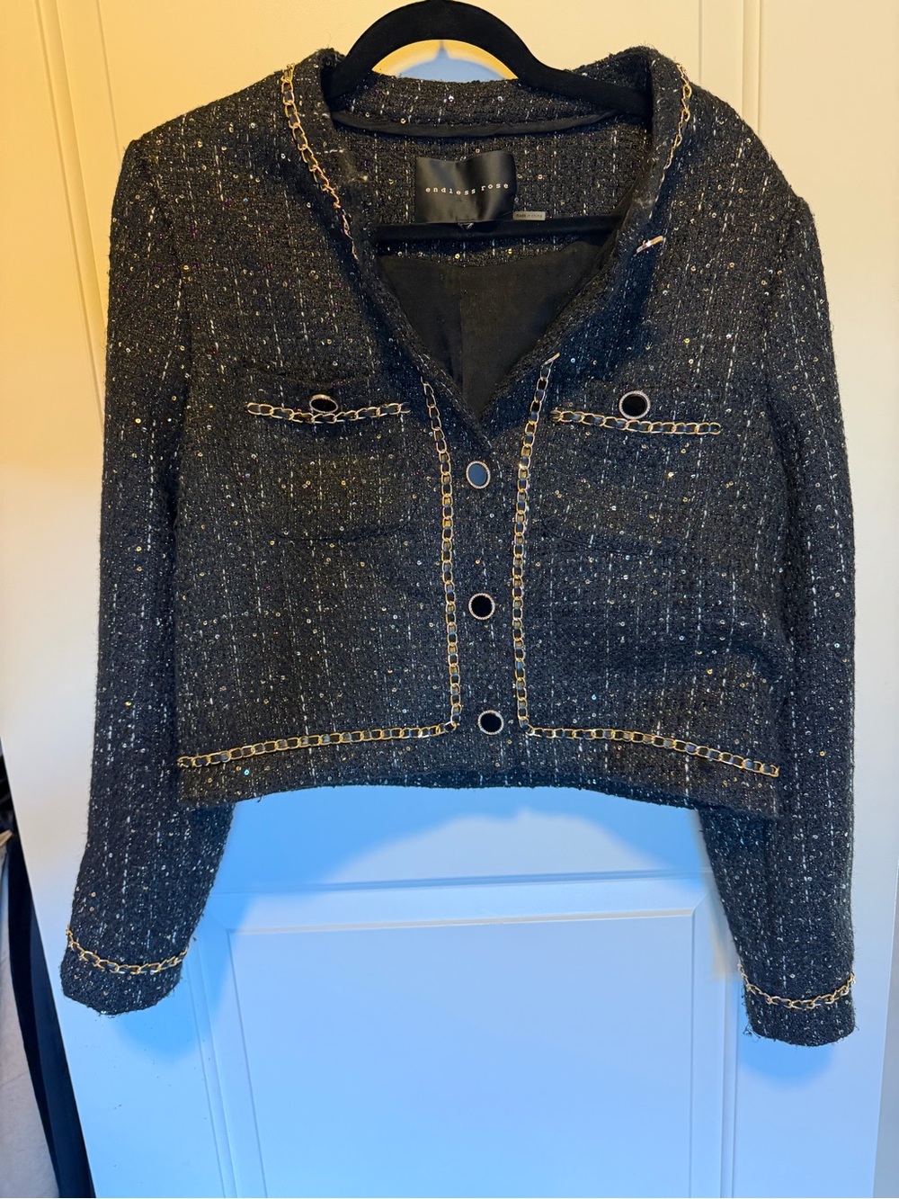 Endless Rose Black Tweed Chain Detail Cropped Jacket